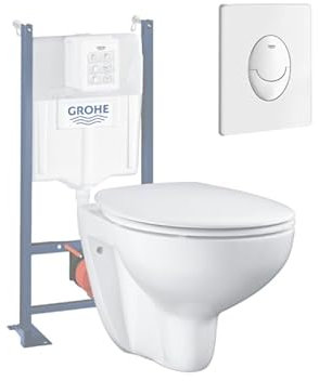 Grohe Pack WC suspendu sans bride Bau Ceramic + abattant + plaque blanche + bâti Grohe