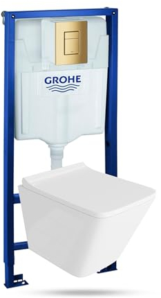 Lavita Vorwandelement Solido + Wand Hänge WC Lago Weiß Spülrandlos + WC Sitz mit Absenkautomatik Goldener Knopf Komplettset Unterputz Spülkasten Toilette Komplett Sett WC