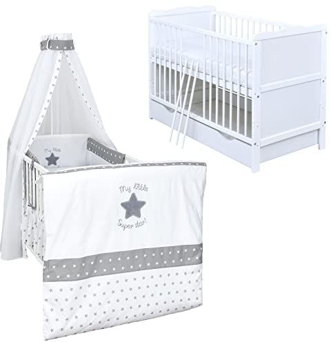 Generisch Baby Delux Babybett Komplett Set Kinderbett umbaubar zum Juniorbett 140x70 weiß Schublade Matratze Bettset mehrteilig Jack (Super Star)