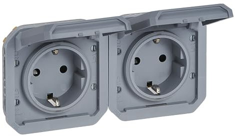 LEGRAND, Plexo New Einsatz, Feuchtraum-Steckdose, 2-fach, Schuko-Standard, inkl. Klappdeckel, Berührungsschutz, vorverdrahtet, horizontal, IP44 - IK08 (IP55 bei geschlossenem Deckel), Grau, 069576L