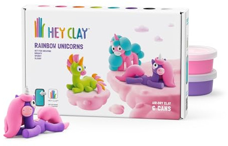 HEY CLAY Regenbogen-Einhörner Leuchte, Wolke, Glanz - Serie Regenbogen-Einhörner - Buntes Modellier-Set für Kinder mit lufttrocknender Knete 6 Dosen mit lustigen interaktiven Anleitungen