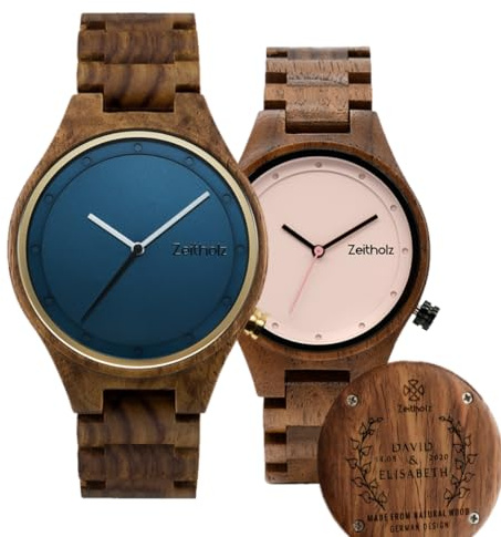 Zeitholz Relojes de Madera Parejas con Grabado Gratuito, Regalos Personalizables, Stolpen 42 mm y Stolpen 36 mm. Fabricados en Madera Natural con Movimiento de Cuarzo japonés.… (Azul-Rosa)