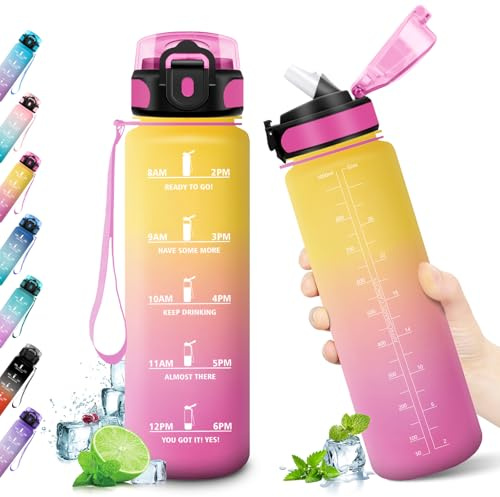 KollyKolla Borraccia 1 litro, Bottiglia Acqua con Cannuccia, a Prova di Perdite, Borraccia Motivazionale, Borracce per Adulto, Sport, Scuola, Ciclismo, Gym