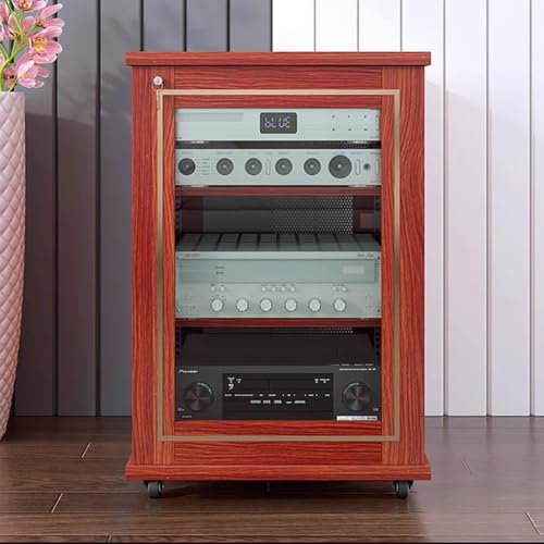 GUAWJRZDP Phonoschrank, Hi Fi Regal Mit Verstellbaren Regalen, Audio Rack Hi Fi Regalaus Holz mit Glastüren, Kabelmanagement, Hi Fi Rack for Videomedienständer(Pearwood,3-Tier)