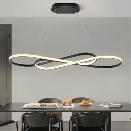 AHRHSM Lampe à Suspension LED Table à Manger, Suspension Moderne à Intensité Variable 57W, Réglable en Hauteur, Suspension avec Télécommande, Pour Salles à Manger, Cuisines (Noir)