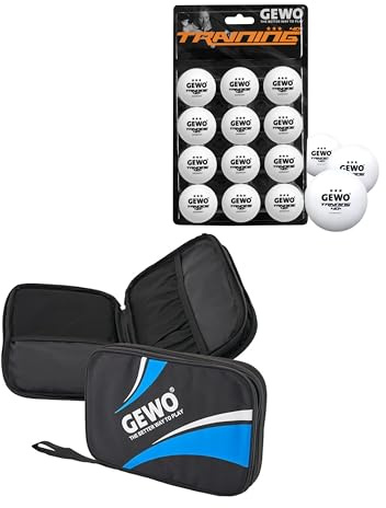 Bundle aus GEWO Doppelhülle Master - Tischtennisschläger-Hülle für 2 Schläger -Rundum-Schlägerschutz - 32cm blau + GEWO Training 40+ Tischtennisbälle - 3 Sterne Tischtennis-Ball, 12 Stück, weiß