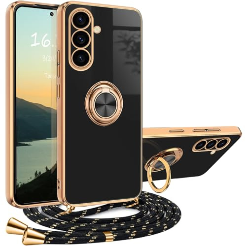 Handykette für Hülle Samsung Galaxy S25 mit Band Handyhülle mit Kette Galvanisierte Kratzfest Schutzhülle zum umhängen Hüllen mit Abnehmbar Kordel Silikon Stoßfest Case mit Ring Ständer,Schwarz