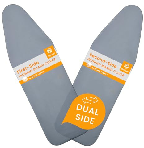 SAVUK Ironing Board Cover and Pad Dual Side X2 Lifetime Double Using Heavy Duty Thick Padding Heat Reflective Non Stick Scorch and Stain Resistant Adjustable 15x54 inch (Double Sided Grey)