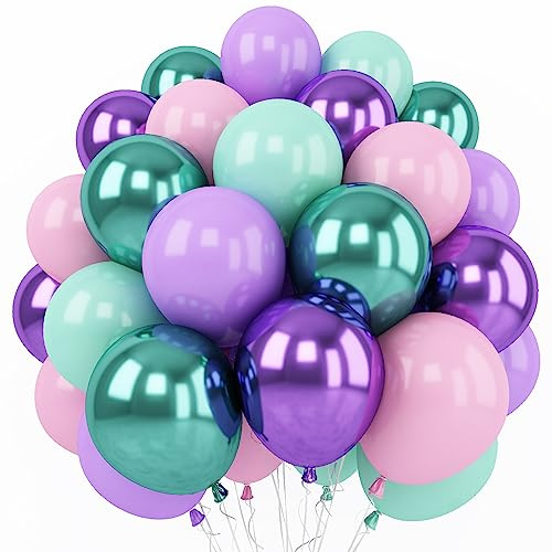 Mermaid Balloons 60 Packs for Girls Birthday Party Decorations | 12 Inch Metallic Purple Pink Green Blue Helium Latex Balloons for Baby Shower Under The Sea Party Supplies