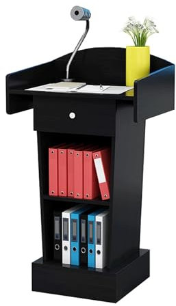 WOTZOV Rednerpult, einfache Rednerpulte, Dichtetafel, Laptop-Schreibtisch, Rednerpultständer mit offenem Stauraum, Podien, geräumige Schublade, tragbares Stehpult, Mode,Schwarz 45x40x110cm