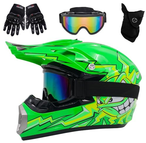 Casco de Motocross para NiñOs Y JóVenes, Aprobado por Dot, para VehíCulos Todo Terreno de Cuatro Ruedas, con Gafas, Guantes Y MáScara, para Descenso, MX, AVT, Moto de Cross(Green Moon,L(56-57cm))