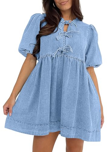 Qazel Vorrlon Denim Dress for Women Puff Short Sleeve Babydoll Jean Romper with Pockets Summer Casual Blue Dresses 2025 Trendy