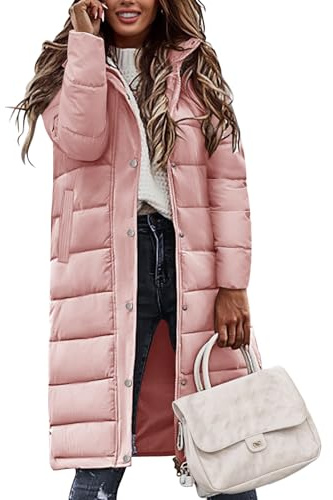 Tuopuda Women Winter Quilted Puffer Coat Lightweight Long Down Hooded Jacket Zip Up Warm Winter Parka Coat Side Split Windproof Outerwear with Pockets(Pink,L)