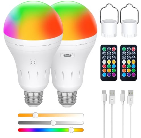 Bombilla Recargable USB-C Con Mando a Distancia, AC100-240V Smart E27 LED 9W, CCTRGB Regulable Con Control Táctil, Bombillas Recargables, Luz de Emergencia Para Exteriores de 2200mAh, Pack de 2