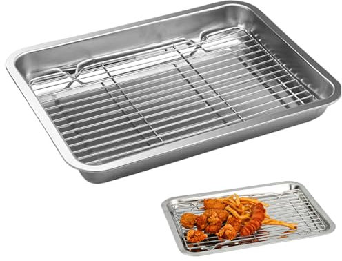 Padella di torrefazione in acciaio inossidabile 14x10, 6 pollici larghezza le padelle del forno tostapane con rastrelliere piatto di tacchino antiaderente per la cottura della griglia da barbecue per