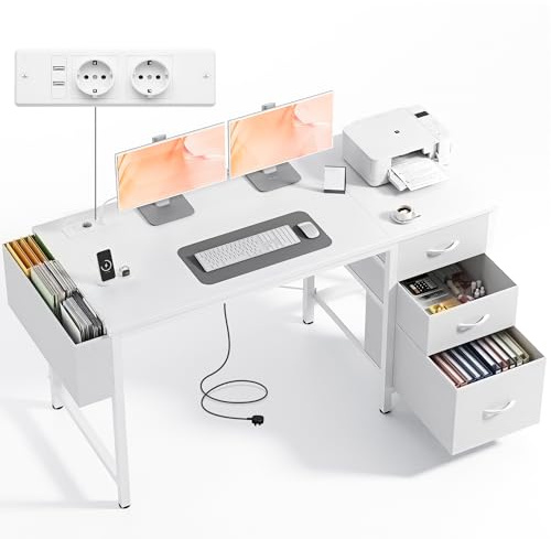 Claiks Kleiner Schreibtisch mit 3 Schubladen aus Stoff, 140x60 cm Computertisch mit 2 Steckdosen und USB-Anschlüssen, PC-Schreibtisch Bürotisch für Home Office, Weiß