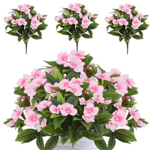 Künstliche Impatiens-Blumen, lebensecht, 38,1 cm, künstlicher Fuchsia- und Azaleen-Blumenstrauß für Heimdekoration, keine Wartung, Kunststoffpflanzen, perfekt für Gartentisch, Büro, 6 Stück (6, Rosa)