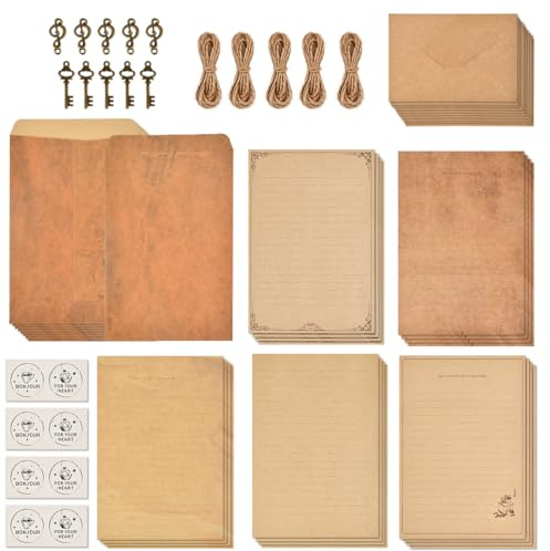 Vintage Briefpapier mit Umschlag Set 130stk, 40 A5 Briefpapier Vintage Papier, 20 Retro Papier Briefumschläge, 10 Umschläge Wasserdichte und 60 Zubehör, Kraftpapier Umschläge Set für Brief Einladung