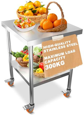 XMTECH Edelstahl Arbeitstisch 61×46×85 cm mit MDF, 300 kg belastbar, Küchentisch/Vorbereitungstisch/Profi-Tisch mit Rollen & verstellbarem Unterregal für Küche, Werkstatt, Restaurant, Bar