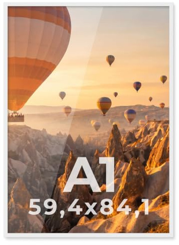 PHOTOLINI Bilderrahmen A1 Holz MDF, DIN A1 Bilderrahmen Weiß, Poster Rahmen 59,4x84,1 cm, Posterrahmen 60x84 mit bruchsicherem Acrylglas, zum Aufhängen & Zubehör - Frame für Fotos & Poster