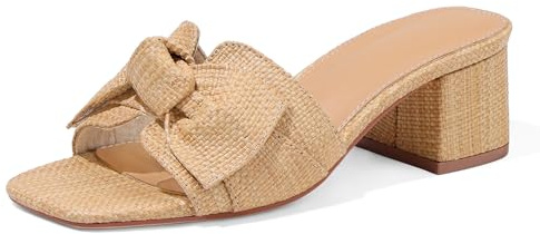 Erocalli Heeled Sandals for Women Raffia Sandals Chunky Block Heels Square Toe Summer Mules Slip On Dressy Sandal Low Short Heels With Bow