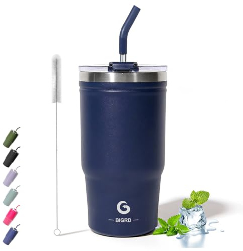 BIGRD 591 ml isolerad kaffekopp resemugg med sugrör och lock 591 ml, läckagesäker rostfritt stål kontorsvattenflaska håller kallt och varmt i 8 timmar, skymningen