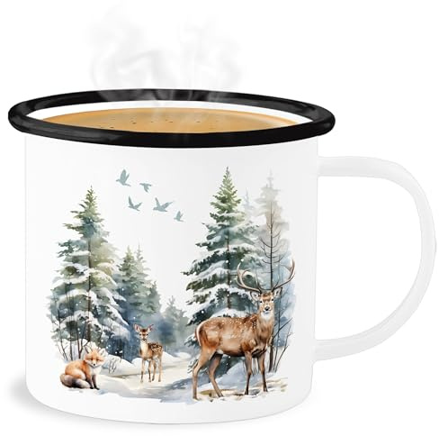 Emaille Becher Blechbecher - Weihnachtstasse Tasse - Winterwald Tiere Motiv I Winter Geschenk Winterzeit I Winterlandschaft I Waldtiere Fuchs Reh Hirsch I Wintermotiv I Weihnachtszeit Geschenk
