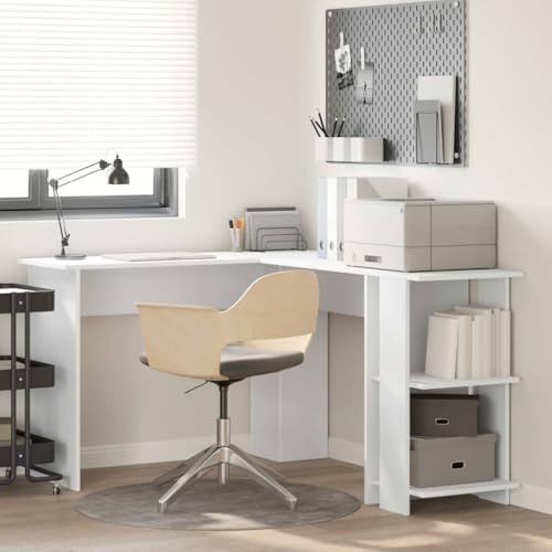 Nqyjm Datorbord med hyllor hörnskrivbord vit 140 x 113,5 x 75 cm spelbord av trä, PC-bord kontorsbord för sovrum, vardagsrum, kontor
