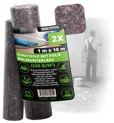 ToolSpace 2x Malervlies Abdeckvlies Malerabdeckvlies 220g/m² Bodenschutzvlies Renovierungsschutz 1m x 10m Staubdichtes Vlies Maler-Abdeckvlies Anti-Rutsch Beschichtung Schutz für Boden Treppen Möbel