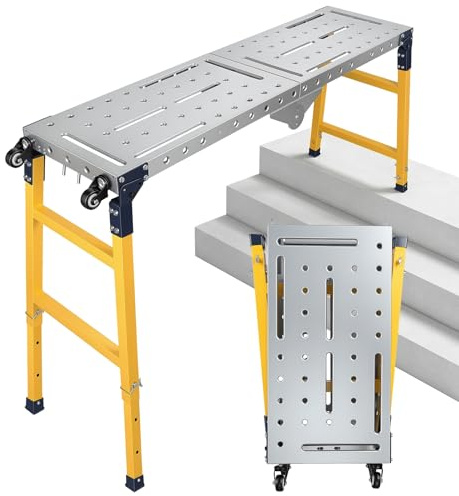Scaffolding Ladder, Heavy Duty Hop Up Platform 500kg Capacity, 5 Positions Portable Foldable Workbench with Wheels, Folding Scaffolding & Adjustable Height Work Bench for Indoor Outdoor Jobs 140cm