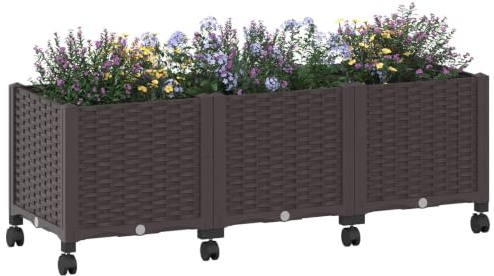 vidaXL Trädgårdsväxt med hjul brun 120 x 40 x 44 cm PP, modern trädgårds- och terrassväxt, väderbeständigt kärl för balkong, terrass eller grönsaksodling