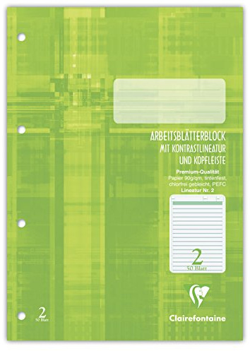 Clairefontaine 82602C- Mappe / Arbeitsblätterblock DIN A4, kopfseitig geleimt, 50 Blatt 90g mit Rahmen und Kopfleiste, grüne Lineatur 2, für 2. Schuljahr, liniert, 1 Stück