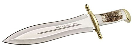 ELECTROPOLIS Jagdmesser Muela Podenquero, Onesie, Hirschhorngriff und Messing Blatt-Universal 26 cm + Geschenkkarte