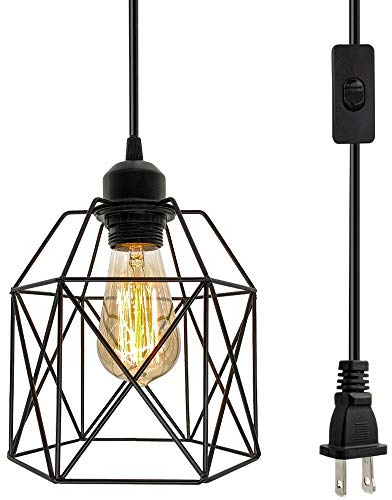 OmiSun Industrial Plug in Pendant Light, Black Cage Pendant Light Fixture with On/Off Switch, E26 Socket Vintage Hanging Light, Farmhouse Pendant Lighting for Kitchen Living Room Dining Room