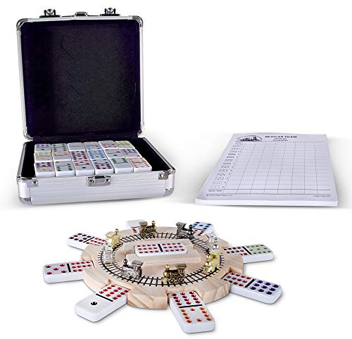 RNK Gaming Juego de dominó de tren mexicano con 12 puntos de color dobles con cubo de madera, 8 trenes de metal y caja de aluminio
