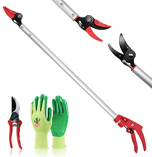Hortem Long Reach Pruner Set, 32-Inch Hold Long Reach Cut Garden Tree Pruner with Flexible Hand Grip, Lightweight Pruning Shears or Branch Cutter, Fruit Picking, Prickly Plants & Roses