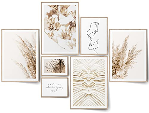 BLCKART Bohemian Dream Poster Set Beige Beidseitig Bedruckt Schlafzimmer Pampasgras Deko Bilder Boho Wanddeko Wohnzimmer (L | 4xA3 | 1xA4 | 2xA5 | ohne Rahmen)
