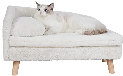 BingoPaw Luxus katzensofa Haustiersofa mit Rückenlehne Plüsch Kissen Holzbeinen, Hundesofa für kleine Hunde, Relaxsessel katzensessel für große Katzen, 70x40x39cm Beige