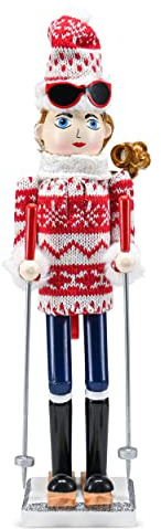 Ornativity Christmas Woman Skier Nutcracker – Red and White Wooden Nutcracker Woman with Ugly Sweater and Ski Sticks in Skiing Pose Xmas Themed Holiday Nut Cracker Doll Figure Decorations 15