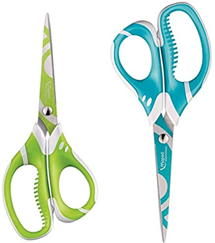 Maped - 2 Paar Schere Zenoa Fit 15 cm für Kinder mit asymmetrischen Ringen, weiches Innenfutter, dekoriert und schmerzend, Schere, ab 12 Jahren, Blau + Orange