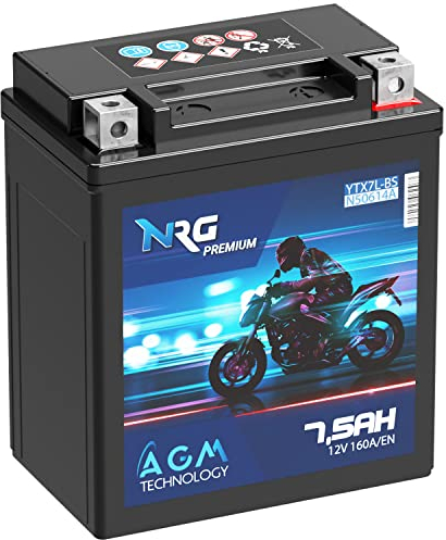 NRG Premium YTX7L-BS AGM Motorradbatterie 7,5Ah 12V 160A/EN Batterie 50614 CTX7L-BS auslaufsicher wartungsfrei ersetzt 6Ah