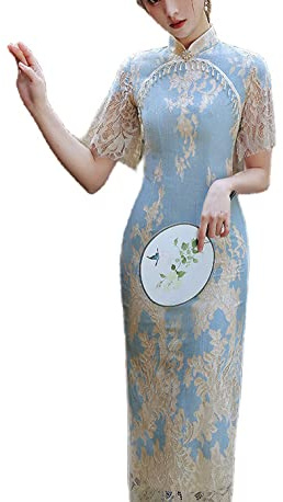 VAAX Cheongsam klänningar för kvinnor, blå cheongsam klänning av spets, retro, elegant, genomskinlig, korta ärmar, maxiklänning, jacquard, Qipao, sexig cocktailklänning, figurnära bröllopsklänning för