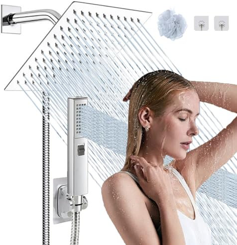Pommeau de douche carré haute pression de 20,3 cm et douchette à main 2 en 1. Équipé d'un tuyau de 198 cm, d'une valve de dérivation à 3 voies, d'un support de pommeau de douche adhésif. (Ensemble de