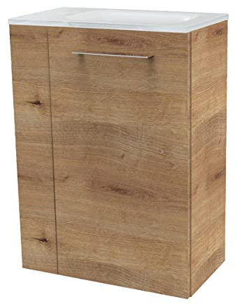 FACKELMANN Milano Gäste-WC Set 2 Teile – Waschtischunterschrank in Holz Braun mit Waschbecken aus Glas in Weiß – SBC Waschbeckenunterschrank schmal – Türanschlag rechts – 45 cm breit