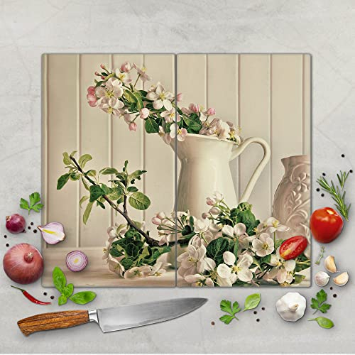 banjado Schneidebrett Glas mit Motiv Stillleben Kirschblüten - großes zweiteiliges Glasschneidebrett rechteckig 2 x 30 cm x 52 cm - auch verwendbar als Schneidebrett Herdabdeckung