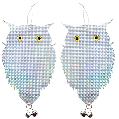 JAWSEU Vogelschreck Vogelscheuche Eule, 2 Stück Vogelabwehr Reflektierende Eule Vögel Vertreiben mit Glocken, Doppelseitig Reflektierendes Windspirale Vogelabwehr für Häuser Gärten Höfe