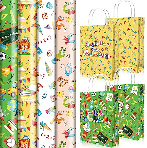 HOWAF 8 Geschenkpapier Schulanfang Endlich Schulkind Geschenkpapier Einschulung & 4 Geschenktüte Einschulung Deko Schultüte Zuckertüte Geschenktüten für Schulanfang Geschenk Verpackung Dekoration