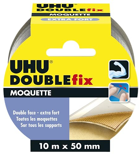UHU Doublefix - Cinta adhesiva de doble cara extra fuerte para alfombras y alfombras, cinta de 10 m x 50 mm