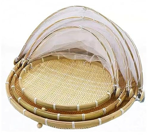 YGMXZL Panier de Pique Nique avec Gaze,Anti-insectes Panier Anti-poussière tissé à la Main,Panier de tente en bambou,légumes,fruits,pain,panier de rangement (Rond 3 set)