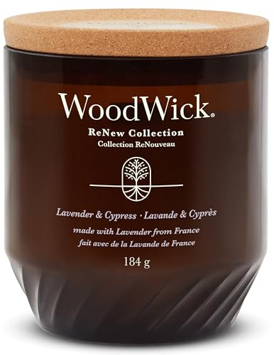 WoodWick ReNew Candela profumata con stoppino scoppiettante | Candela media di Lavender & Cypress | Cera di cocco e soia a base vegetale | Materiali riciclati | Perfetta idea regalo per Donna